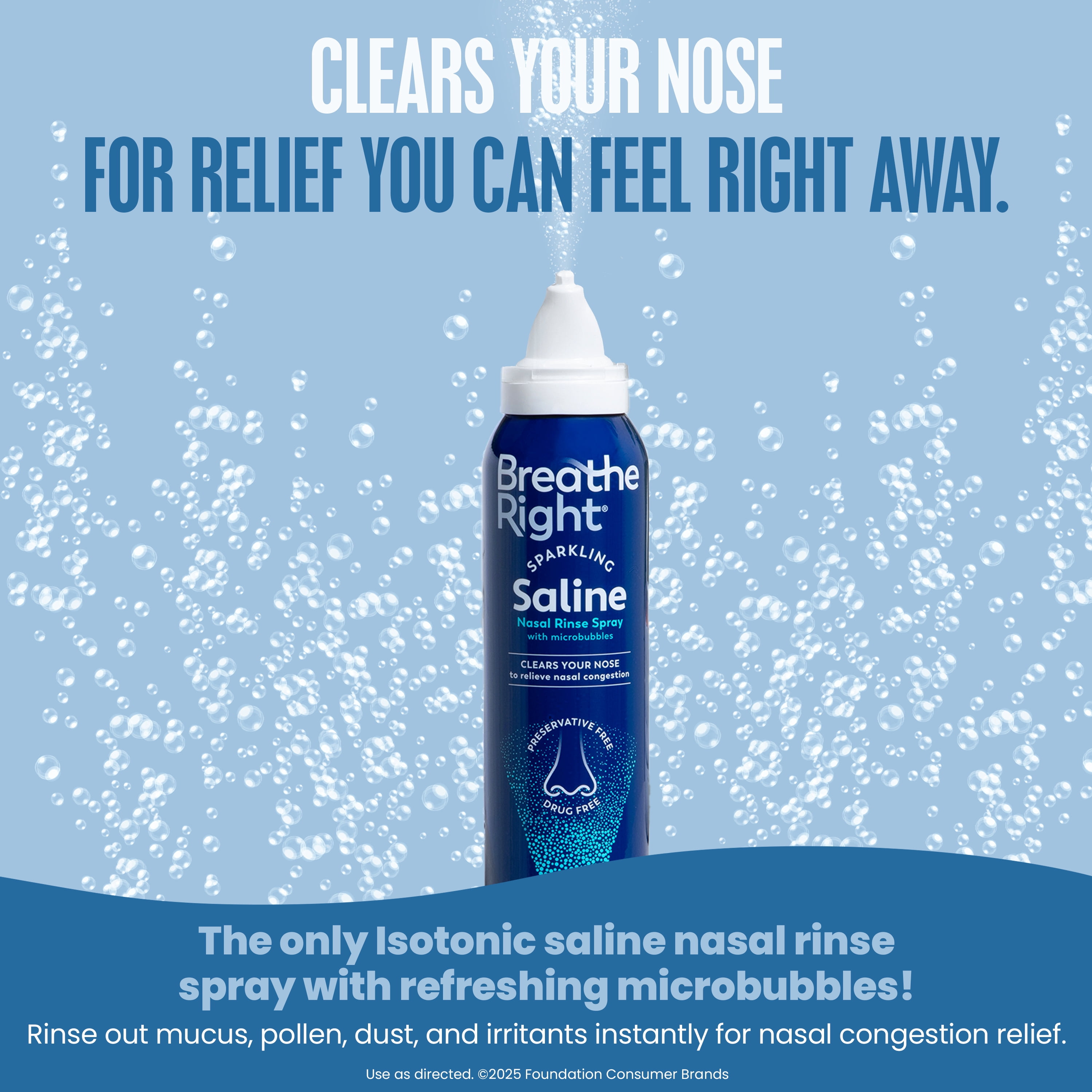 Breathe Right Sparkling Saline Nasal Rinse Spray – Effervescent, Drug-Free Relief from Stuffy Nose Due to Cold or Allergy, 1 Can, 4 oz
