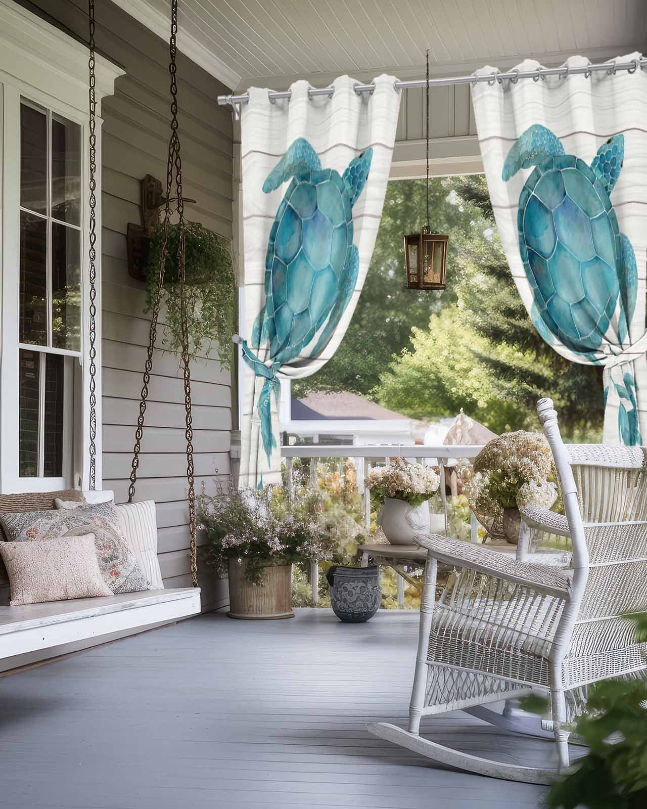 Teal Turtle Coastal Outdoor Curtains for Patio, Vintage Nautical Ocean Sea Privacy Drapes Grommet Waterproof Outside Curtains for Porch/Cabana/Balcony 54"x 108", 1 Panel