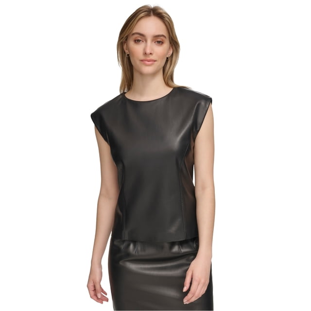 Calvin Klein Womens Faux Leather Cap Sleeve Tank Top, black, 4