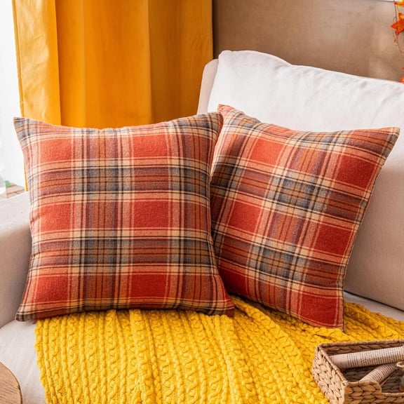 Fall Plaid Orange Throw Pillow Covers 18x18 Inch, Set of 2 Autumn Decorative Throw Pillows for Couch Sofa Bed Living Room Home Decor, Accent Pillow Cases for Farmhouse Couch Cushion Covers