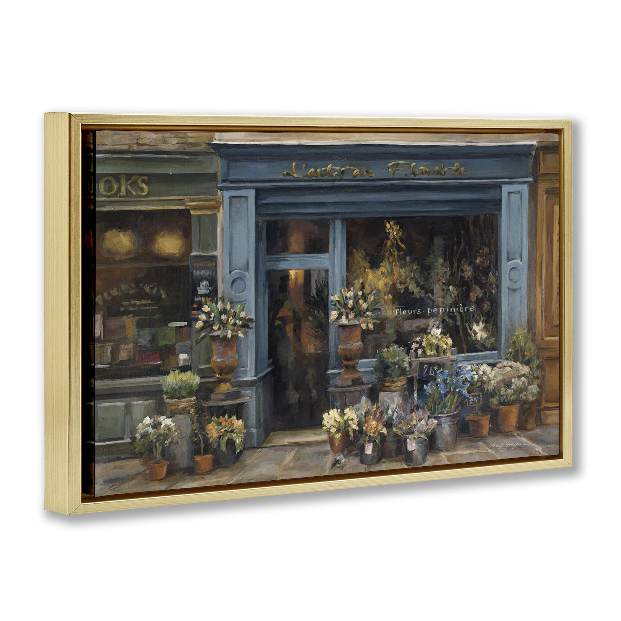 Stupell Industries Florist Shopfront in Town Buildings & Architecture Painting Gold Floater Framed Canvas Art Print Wall Art, 25 x 17