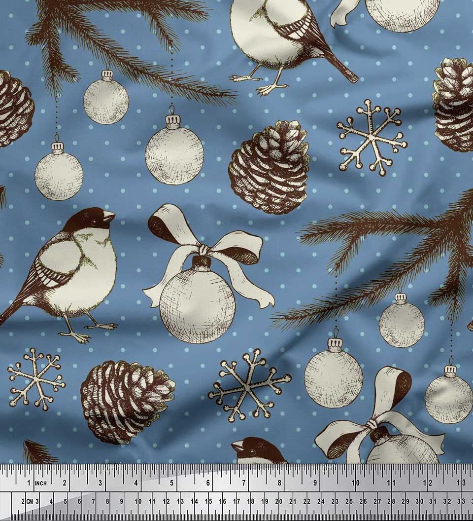 Soimoi Blue polyester Crepe Fabric American Robin, polyester & Baubles Christmas Fabric Prints by Yard 52 Inch Wide