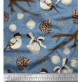 thumbnail image 1 of Soimoi Blue Silk Fabric American Robin & Baubles Christmas Print Fabric by The Yard 42 Inch Wide, 1 of 1