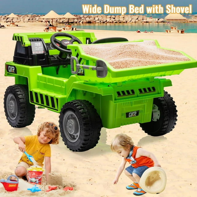 OUYAWEI 12V Ride on Dump Truck, Ride on Car with Electric Dump Bed, Remote Control and Extra Shovel,Construction Vehicle with USB, MP3, Music Player, Battery Indicator,Green