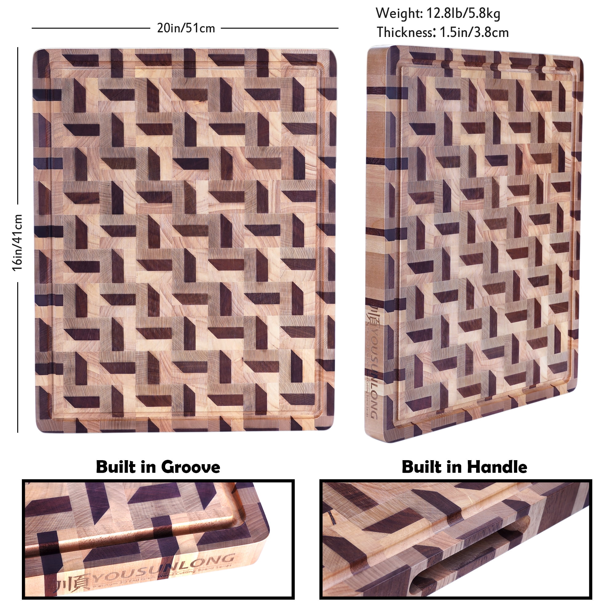 YOUSUNLONG 3D End Grain Cutting Board,  20" x 16" x 1.5'' Walnut and Maple Reversible Butcher Block