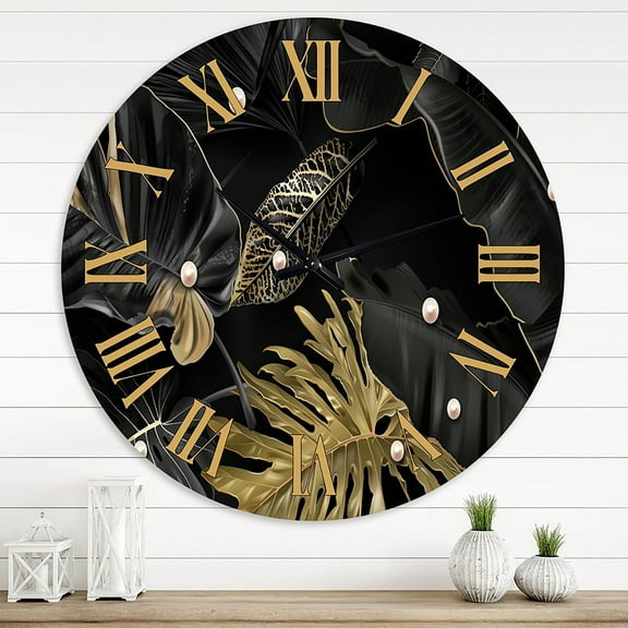 Designart 'Black And Gold Tropical Leaves Iii' Modern Wall Clock