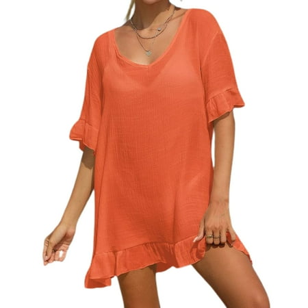 SWSMCLT Women s Beach Cover Up Dress Semi Sheer Chiffon Summer V Neck Ruffle Short Sleeve Frilly Hem Backless Bikini Coverup Light Beachwear Textured Orange Small-X-Large