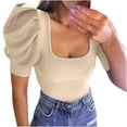 thumbnail image 2 of Fesfesfes Women's Short Sleeve Tops Women's Low Cut Round Neck Bubble Sleeve Threaded Fashion Slim Fitting Short Sleeved T-shirt Mesh Short Sleeve Tops for Women 8(L), 2 of 7