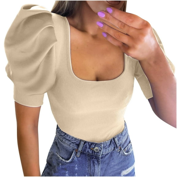 Pejock Women 2023 Summer Tops T-shirt Low Cut Round Neck Bubble Sleeve Threaded Stitching Slim Fitting Short Sleeved T-shirts Khaki L (US Size:8)