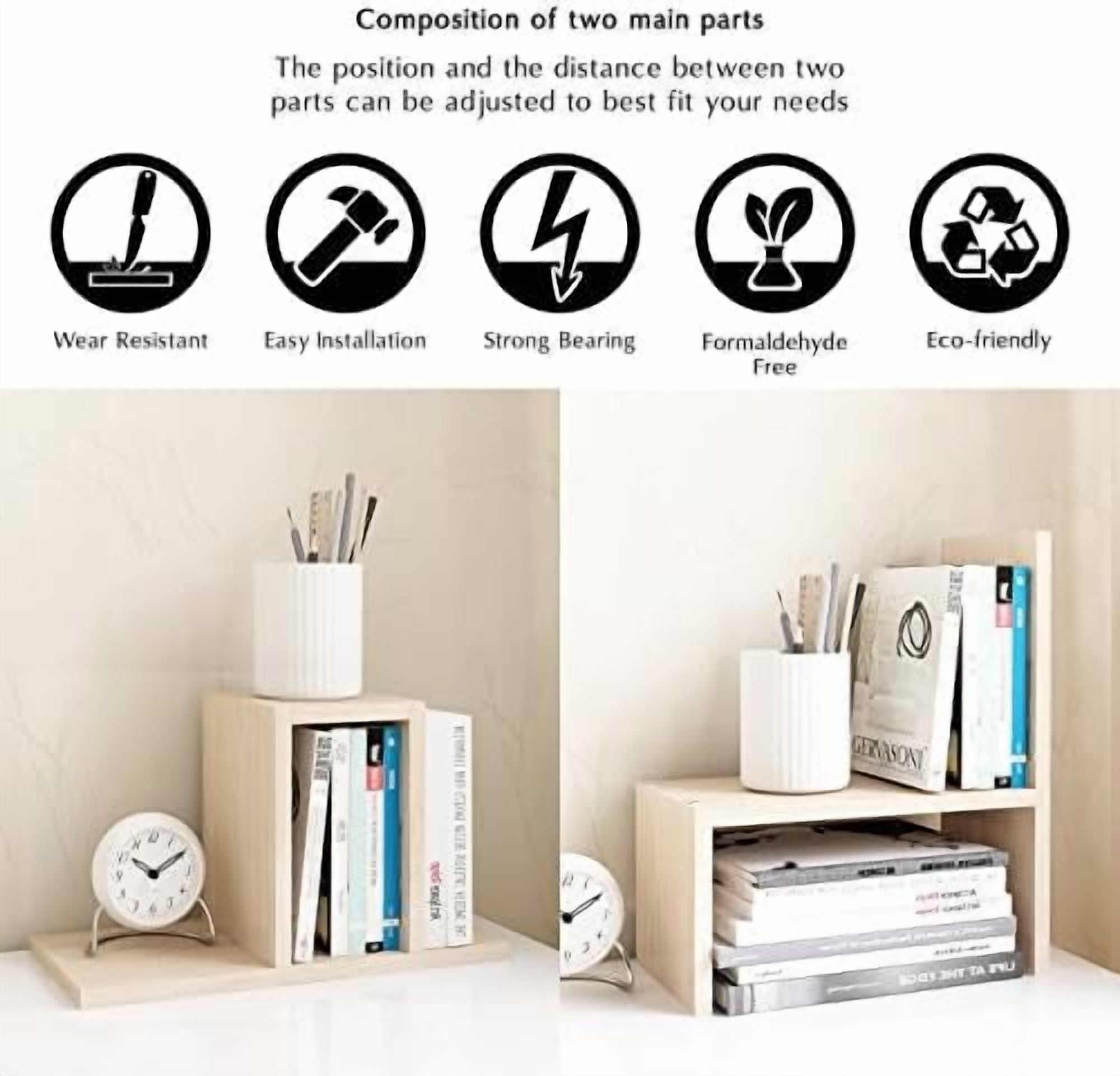Desktop Organizer Office Storage Rack Adjustable Wood Display Shelf, White, 5 Units, 16"L x 15.8"H x 6.8"W