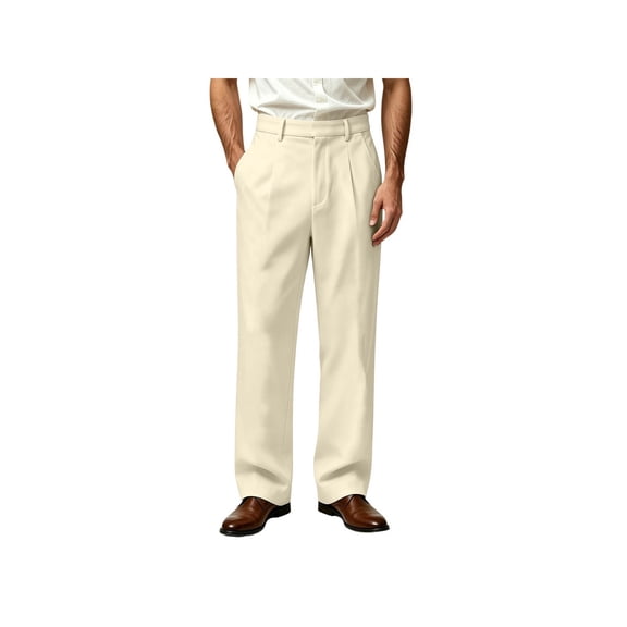 Jerdar Men's Solid Pleated Dress Pants, Loose Straight Fit Business Casual Long Trousers with Side Pockets, Polyester Cotton Blend Mens Lightweight Pants