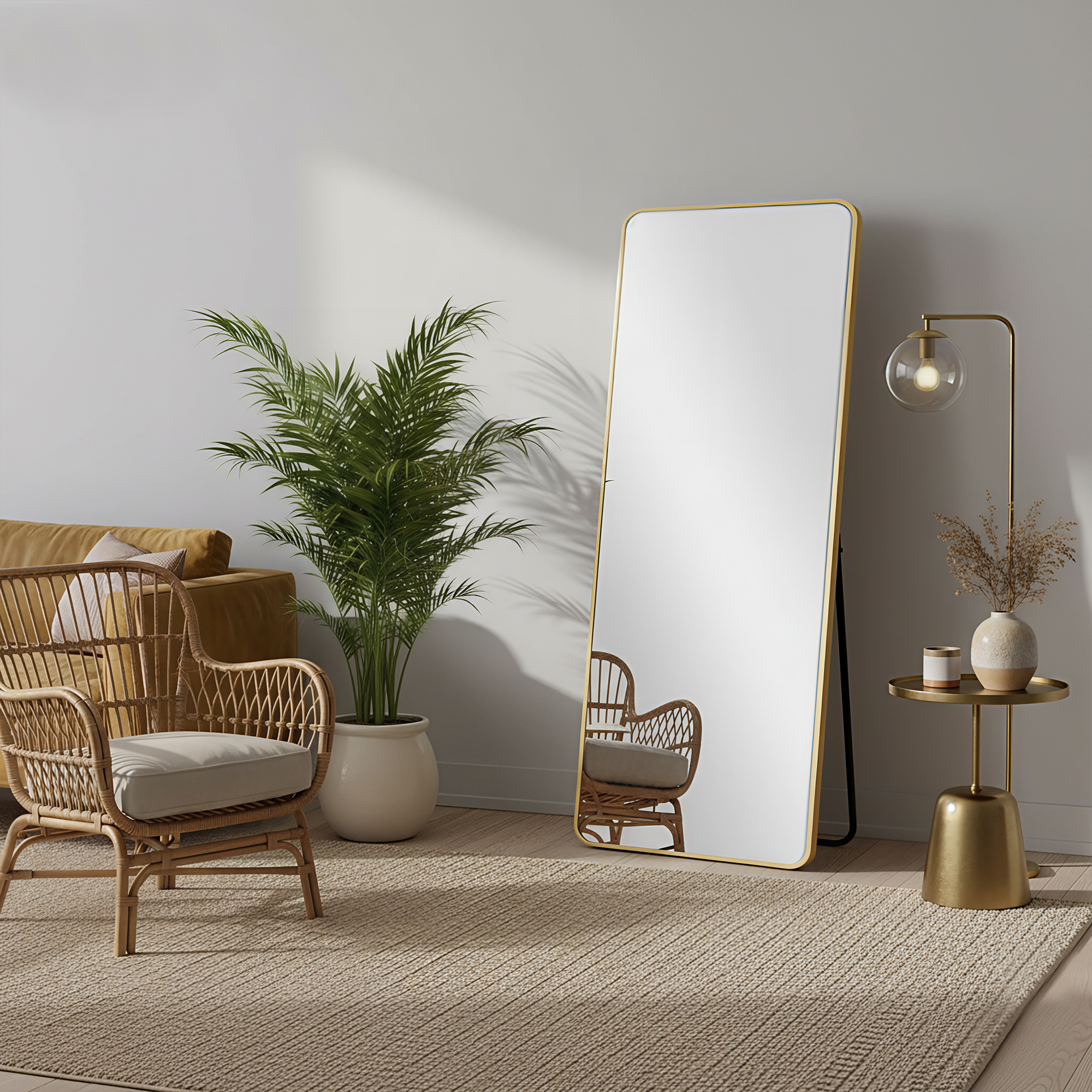MAYEERTY Gold Rounded Corner Full Length Mirror, Wall Mount or Freestanding for Bedroom/Living Room, 64" × 21"