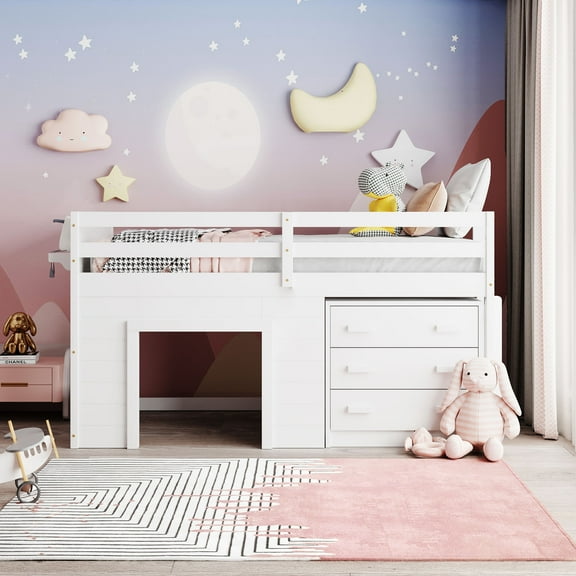 Low Study Twin Loft Bed with Shelve, Three Drawers, Ladder and Guardrail Low Study Loft Bed, Twin Size Loft Bed with Cabinet and Shelf