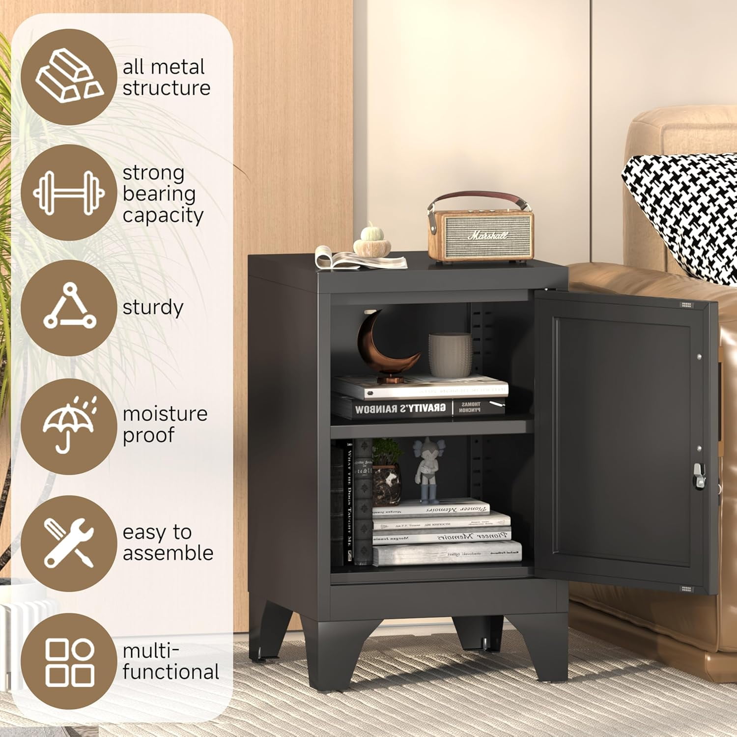 Black Metal Storage Locker with Adjustable Shelf & Removable Legs - 2-Tier Utility Cabinet for Bedroom, Home, Office (Easy Assembly)