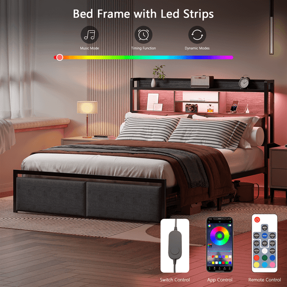 Satifur Queen LED Platform Bed Frame with Storage Headboard, USB Ports, RGB Lights and 2 Easy-Slide Under Bed Storage Drawers