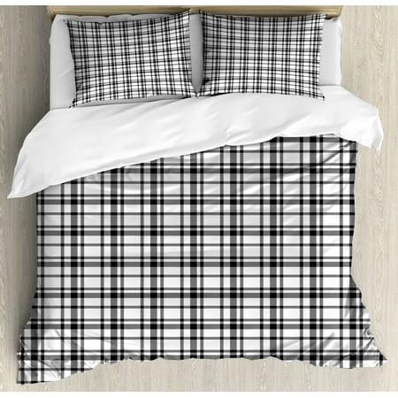 Plaid Duvet Cover Set Black And White Tartan Pattern Graphic Grid