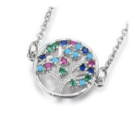 EOEMY Stainless Steel Pendant Necklace Cubic Zirconia Life Tree Silver 17.7" Z547-Default