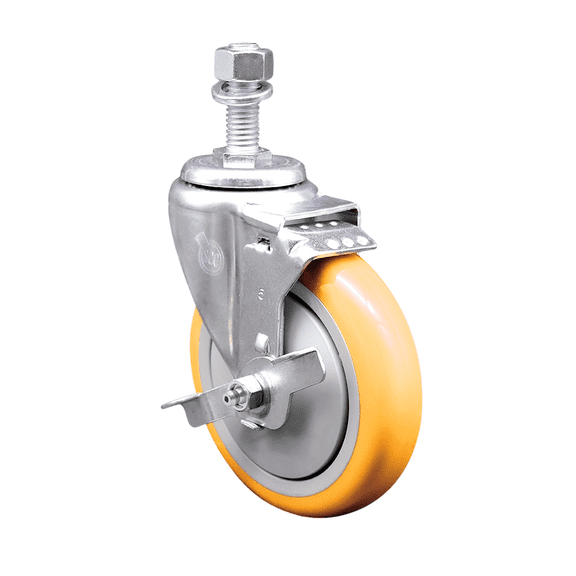 5 Inch 316SS Yellow Polyurethane Swivel 12mm Threaded Stem Caster with Brake