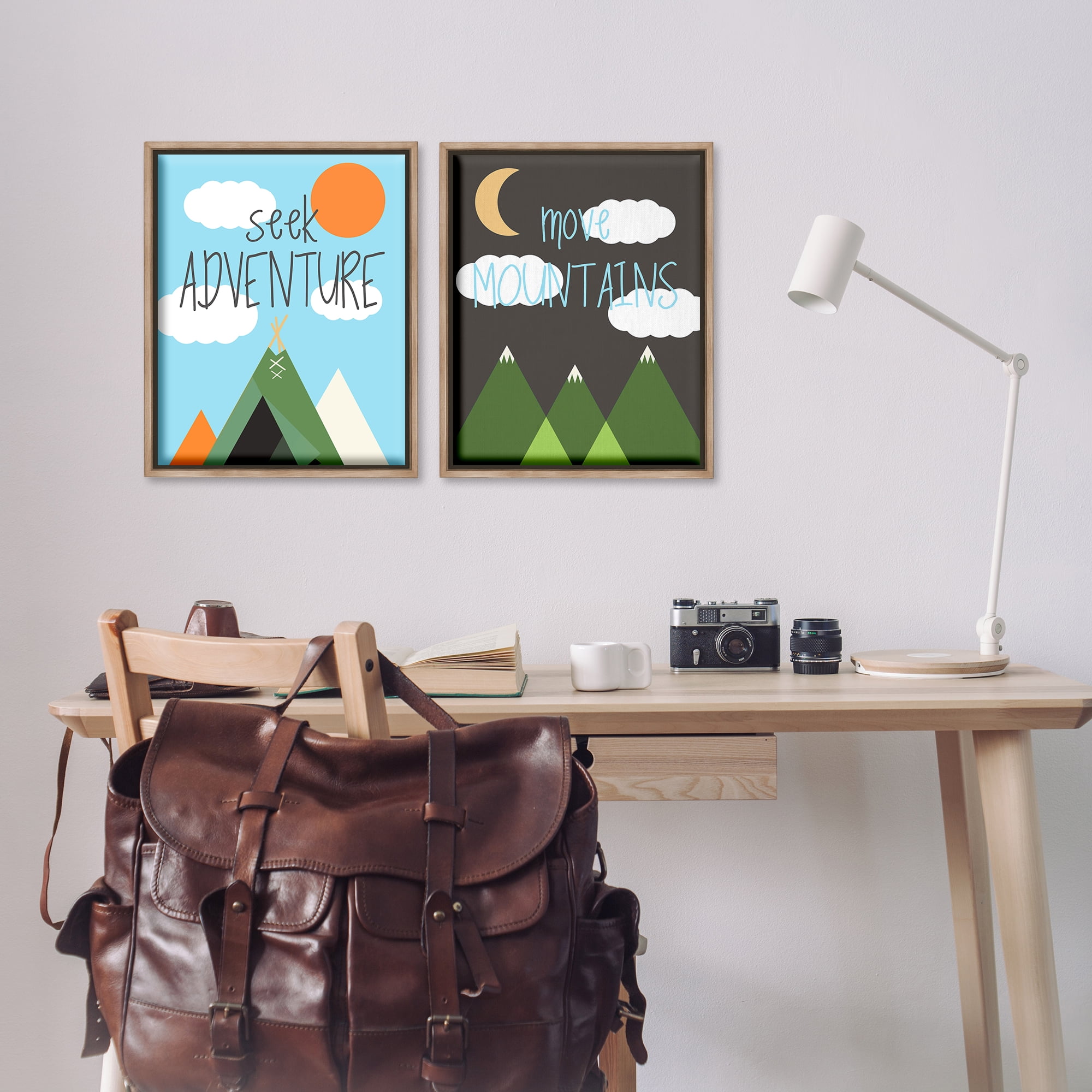 Stupell Industries Seek Adventure Move Mountains Text & Numbers Painting Brown Floater Framed Canvas Art Print Wall Art, 17 x 21, Set of 2