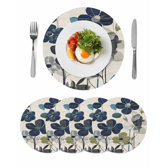 Navy Blue Green Floral Round 13 Inch Placemats Set of 4, Vintage Botanical Leaves HeatResistant Non Slip Place Mats for Dining Table, Wipeable Braided Kitchen Table Mats for Housewarming