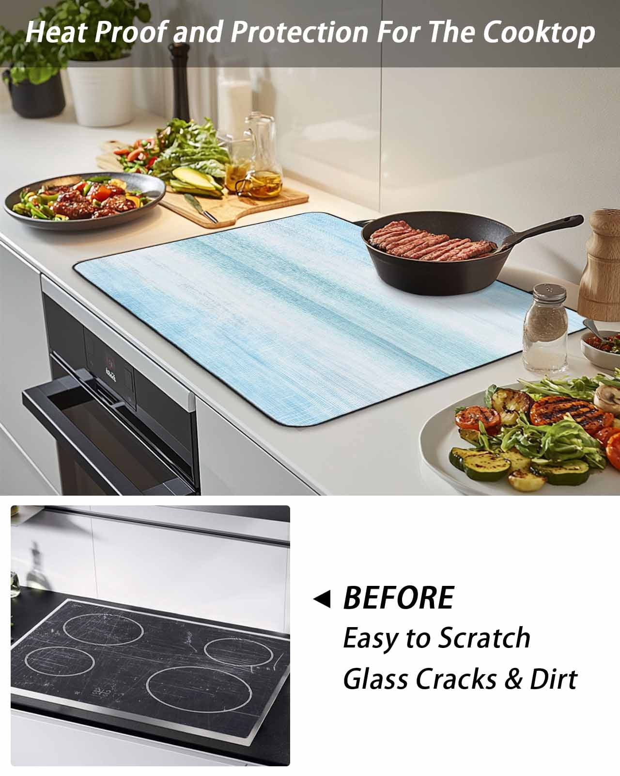 Stove Top Covers for Electric Stove, Gradient Aqua Blue Glass Stovetop Cover Protector, Modern Rustic Minimalist Pastel Solid Induction Cooktop Protector Oven Mat for Kitchen Countertop 24"x21"