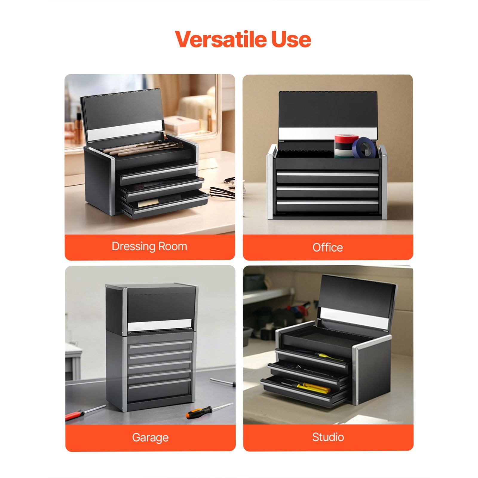 Metal Tool Box 8.6 Inch 3 Drawers 0.5mm Thickened Steel Powder Coated with EVA Liners PP Feet for Office Workshop Storage Black