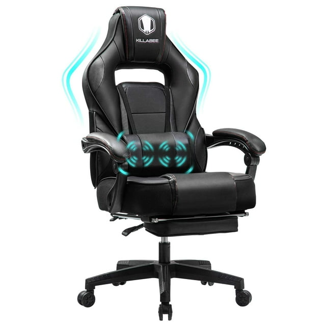 Massage Gaming Chair High Back PU Leather PC Racing Computer Desk Office Swivel Recliner with Retractable Footrest and Adjustable Lumbar Support, Black