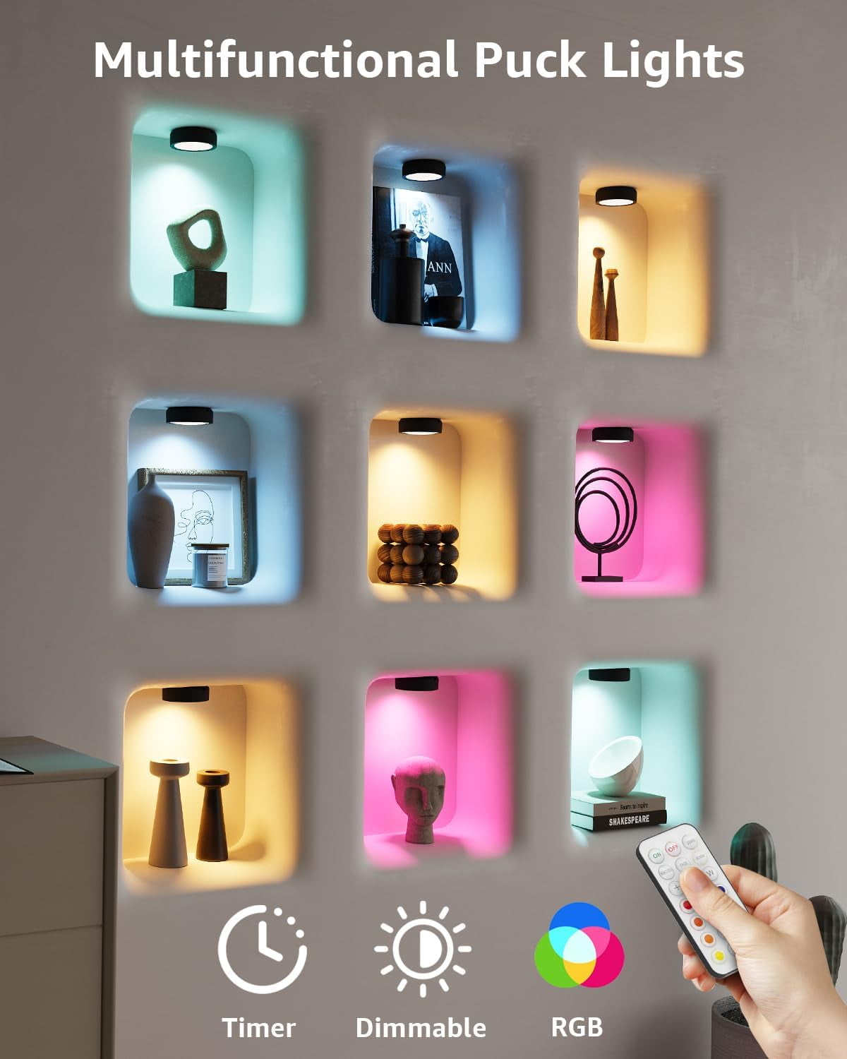 2400mAh USB Rechargeable Puck Lights with Remote Control, Black RGB Battery Operated Tap Light Stick on Push LED Under Cabinet Lighting Wireless Magnetic For Kitchen Counter Shelf Closett