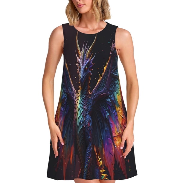Fotbe Rainbow Wings Majestic Dragon Vestido de Verano sin Mangas para Mujer – Vestido Midi Línea A, Estilo Camiseta Floral, Vestido Playero Casual y Fluido