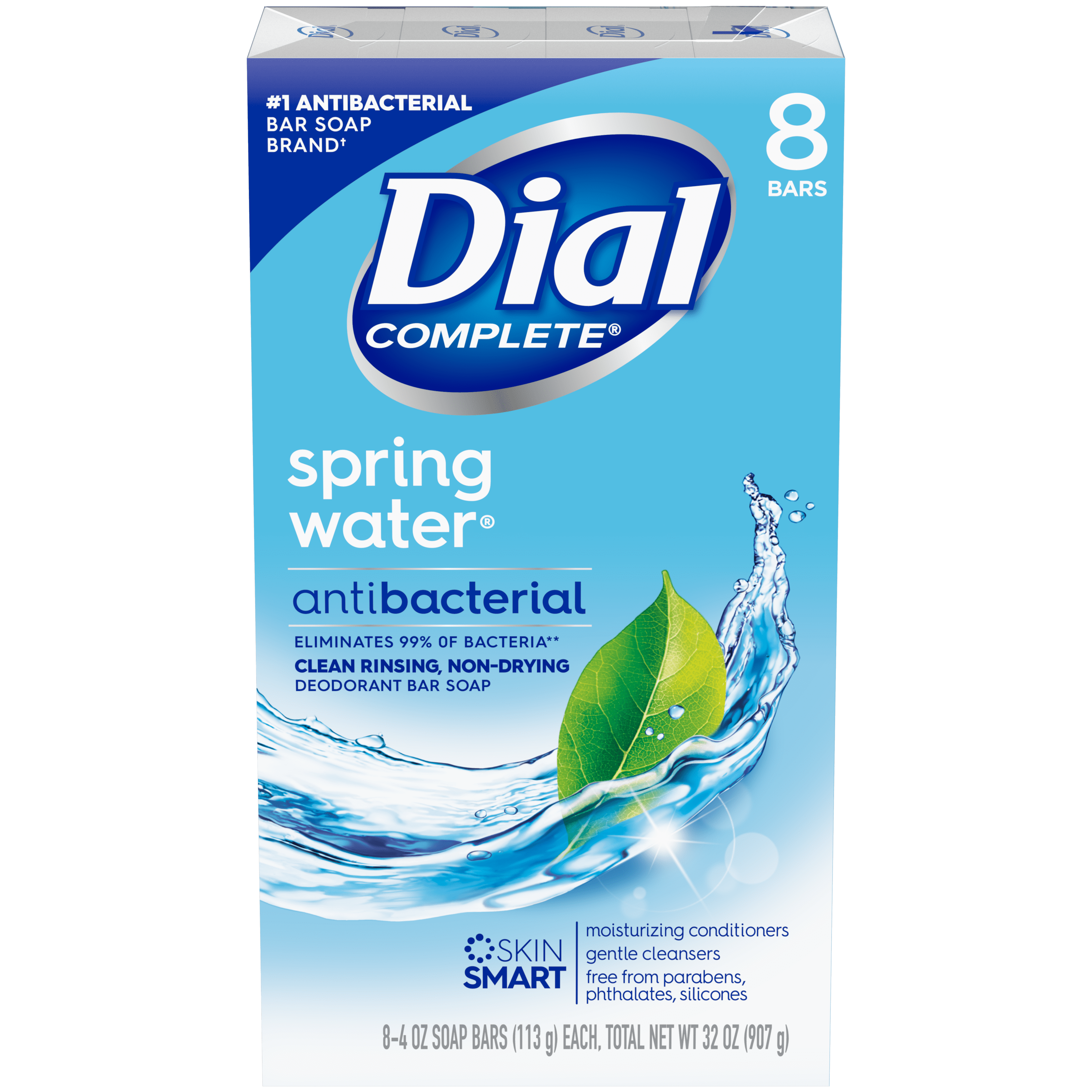 Dial Antibacterial Bar Soap, Spring Water, 4 oz, 8 Bars