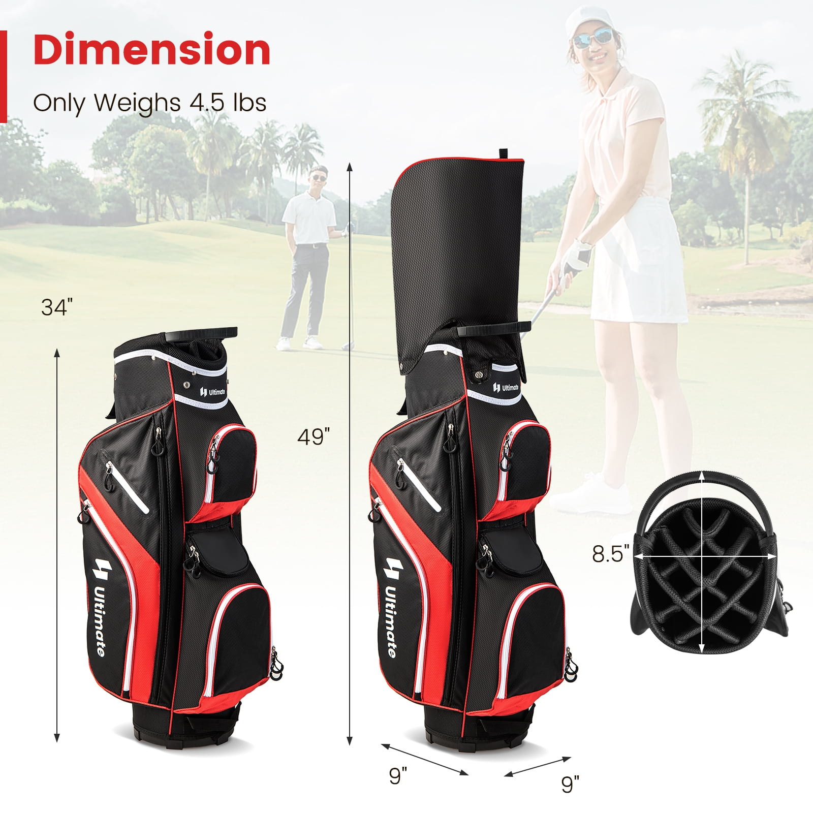 Topbuy 14-Way Golf Cart Bag Golf Club Bag with 14 Ways Organizer Divider Top 9 Zippered Pockets Cooler Bag Umbrella Holder Red