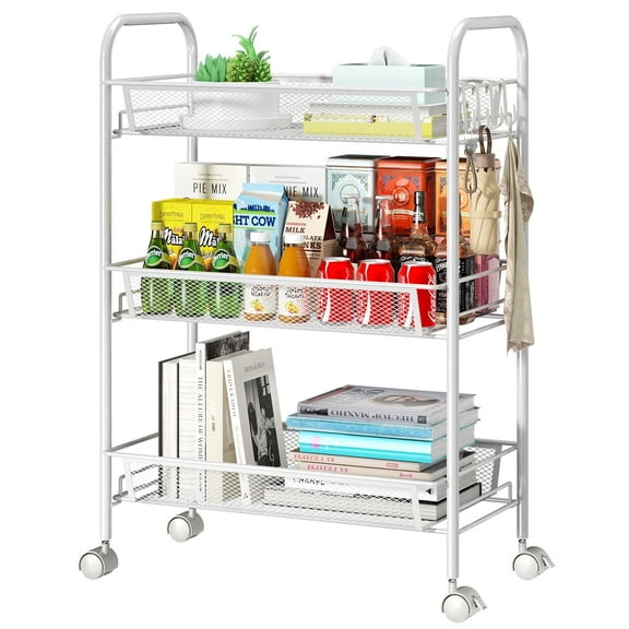 Cshidworld Mesh Storage Cart 3 Tier, Rolling Utility Cart Storage Organizer Slide Out Metal Cart, Mobile Rolling Cart Organizer for Office Bathroom Kitchen Laundry Room Narrow Places, White