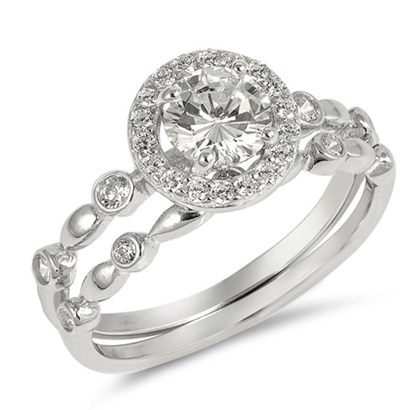 CHOOSE YOUR COLOR Round Clear CZ Halo Wedding Ring Set .925 Sterling Silver Band White Female Size 6