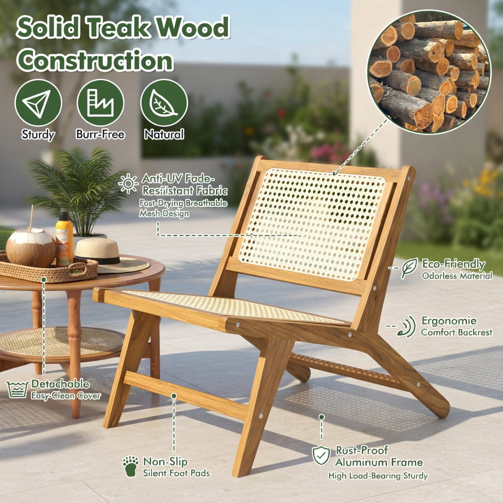Hommoo Teak Wood Dining Chair with Handwoven Rattan Seat & Backrest, Indoor Accent Chair for Living Room, Kitchen & Bedroom, Natural