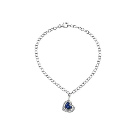 14k Sapphire Charm Bracelet Blue Sapphire Crystal and White CZ Sterling Silver Double-Heart Charm Bracelet, 8