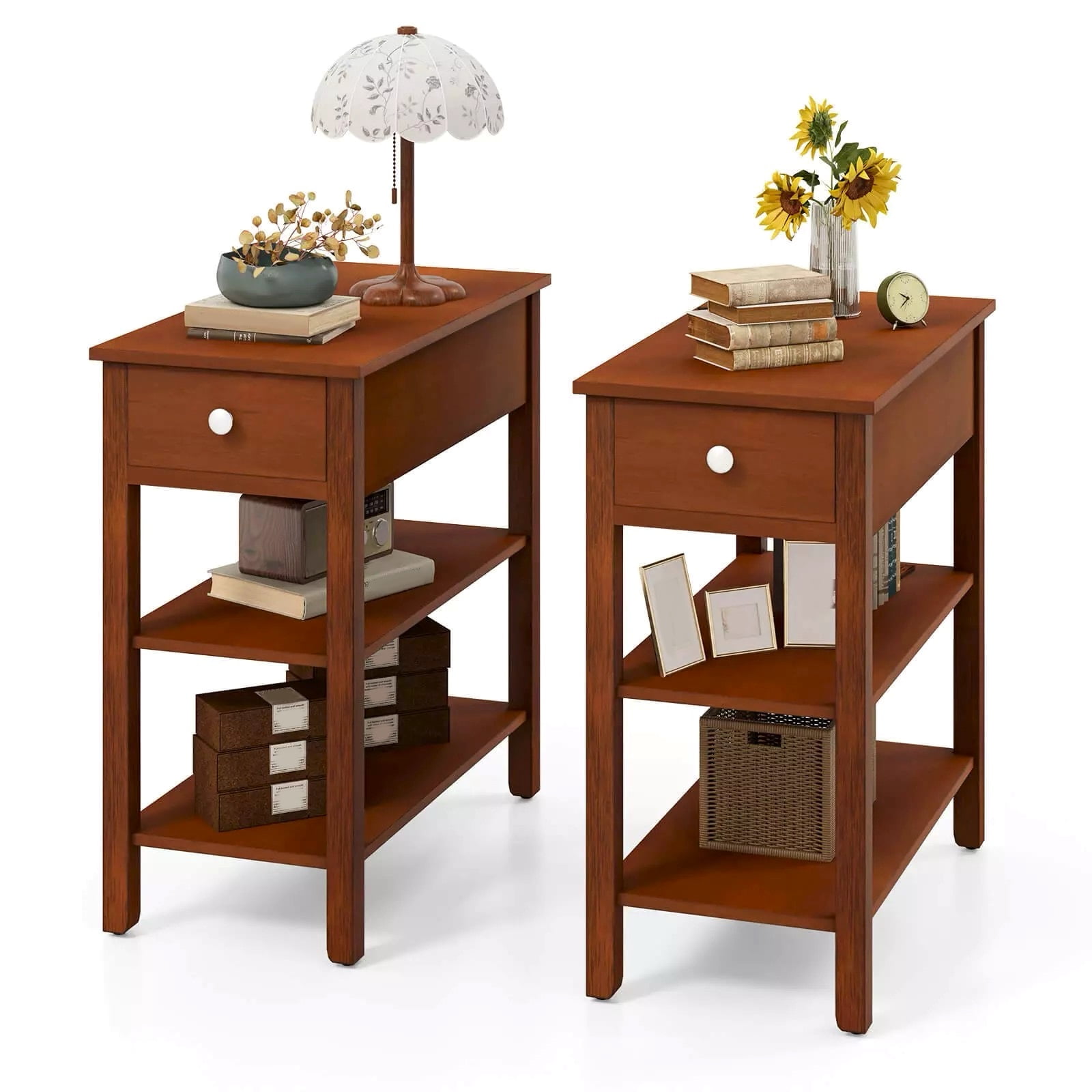 Auranook Set of 2 Narrow End Tables w/Drawer Shelves & Rubber Wood Legs Sofa Side Table
