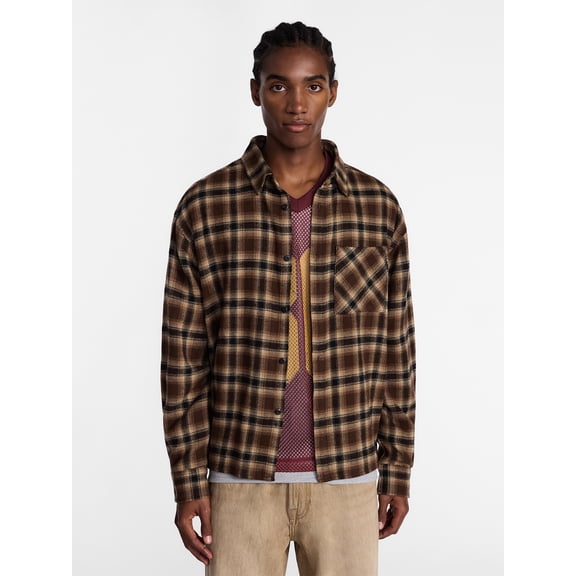 No Boundaries Boxy Cotton Plaid Flannel with Long Sleeves, Men's and Big Men's XS-4XLT