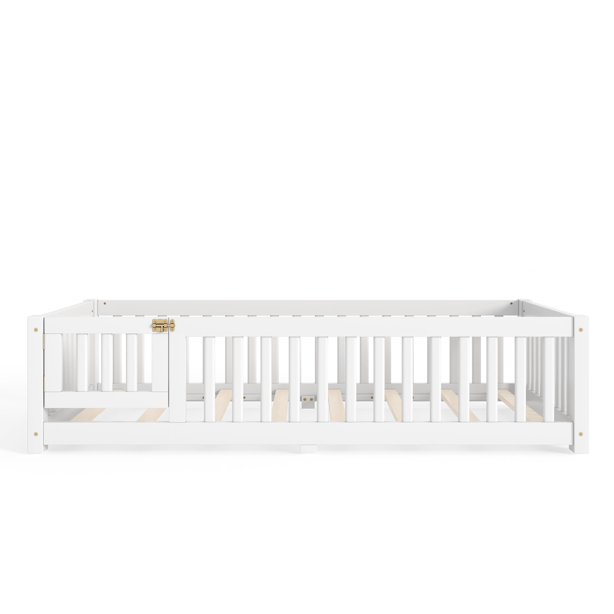 Twin Size Kids Floor Bed with Door and Full-Length Guardrails, Wood Montessori Floor Bed with Support Slats, Toddler Bed for Boys Girls, No Box Spring Needed Design