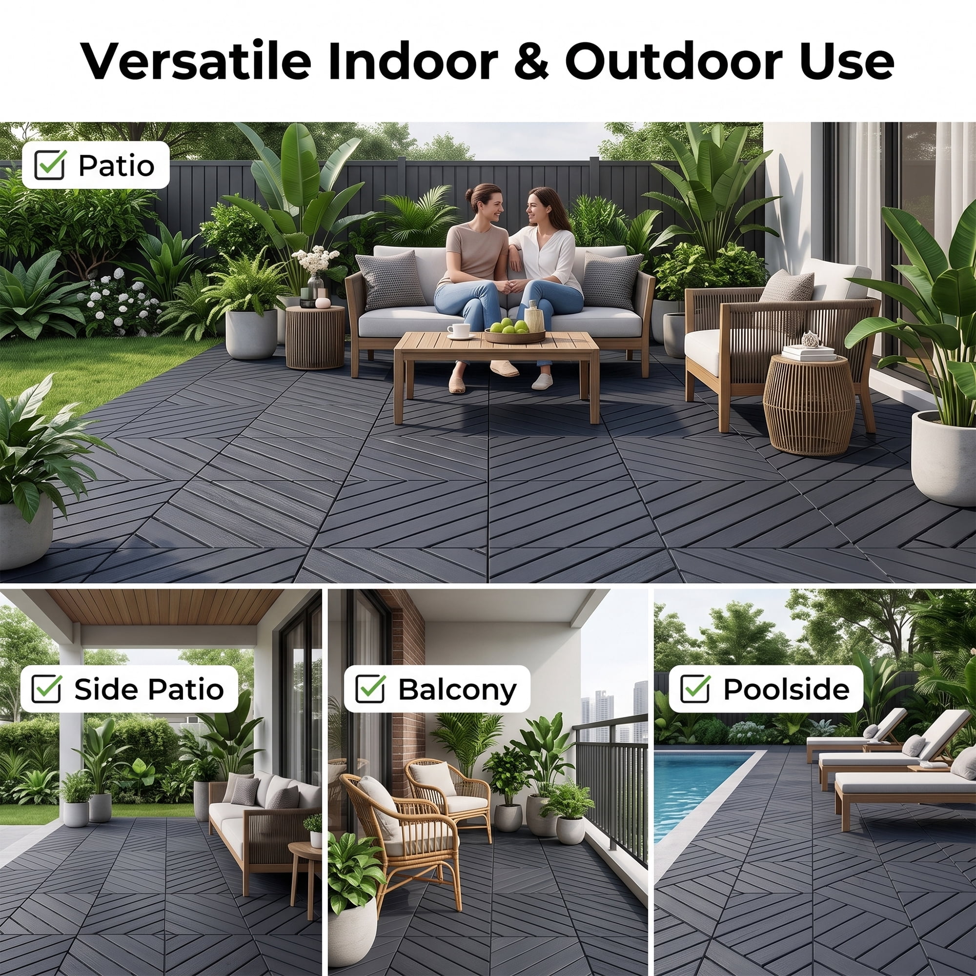 Plastic Interlocking Deck Tiles, 44 Pack 12"x12" Waterproof Non-Slip Outdoor Patio Flooring, Drainable Snap Together Decking Tiles for Poolside, Porch, Garden, Backyard & Shed Floor, Grey