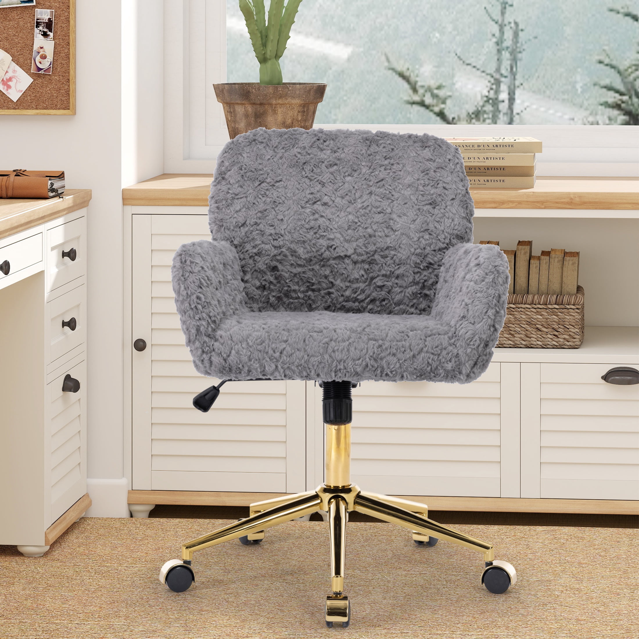 ENYOPRO Office Chair with Chrome Legs, Ergonomic Teddy Desk Chair Vanity Chair with Wheels, Modern Computer Chair for Home Office,Gray
