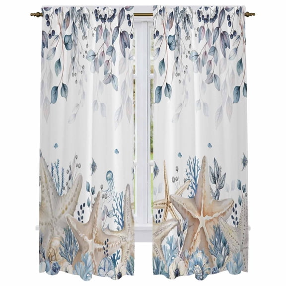 Blue Beige Coastal Kitchen Curtain for Berdoom Living Room Cafe 72 Inch Length, Beach Starfish Summer Eucalyptus Tiers Curtains Light Filtering Drapes Rod Pocket Window Treatment 2 Panels 52"Wx72"L