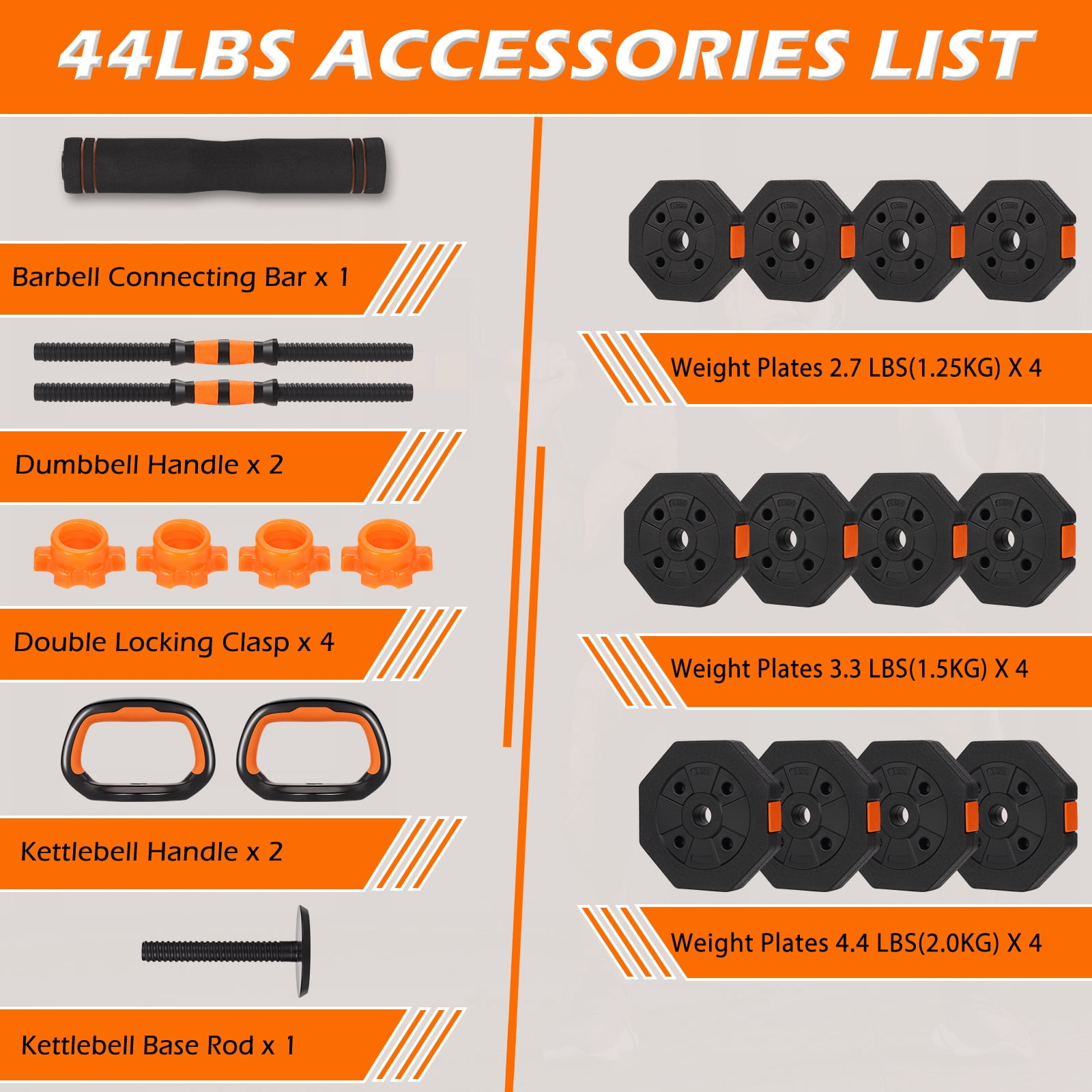 ARVAKOR 50lbs Adjustable Dumbbell Set – Octagonal Anti-Roll Design, Non-Slip Grip, Versatile Weights with Barbell, Kettlebell, Push-Up Options, Orange