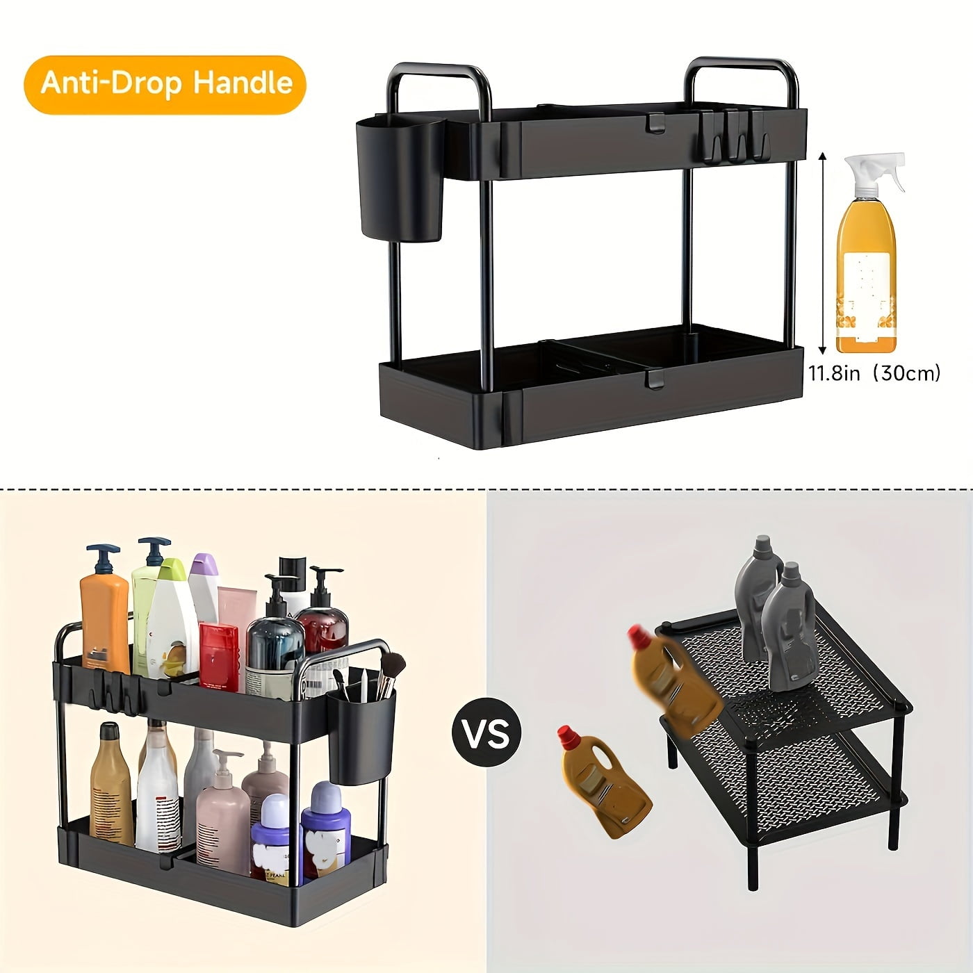 3-Pack Under Sink Storage Organizer, 2-Tier Multipurpose Shelf with Sliding Drawers, Cabinet Organizer for Kitchen and Bathroom, Black
