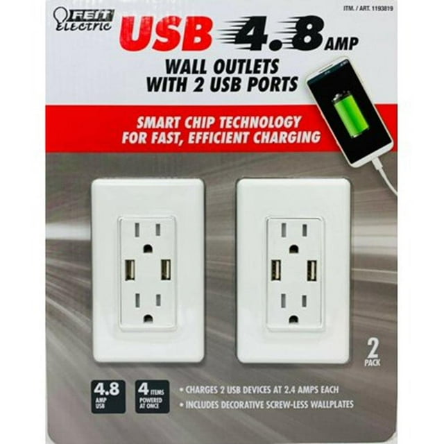Feit Electric 2-Pack Tamper Resistant Wall Outlet 120V, with (2) USB Ports 4.8 amp