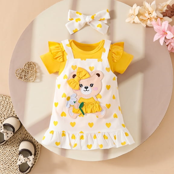SONGGE Toddler Girls Short Sleeve O-Neck Romper Bodysuit Cartoon Bear Suspender Skirts Outfit Sets Cartoon Relaxed Fit Clothes Sets