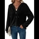 thumbnail image 3 of Sudadera con Capucha de Larga de Punto Gofre para Mujer, con Cordón, Botones, Cuello en V, Informal, con Capucha. Negro M, 3 of 9