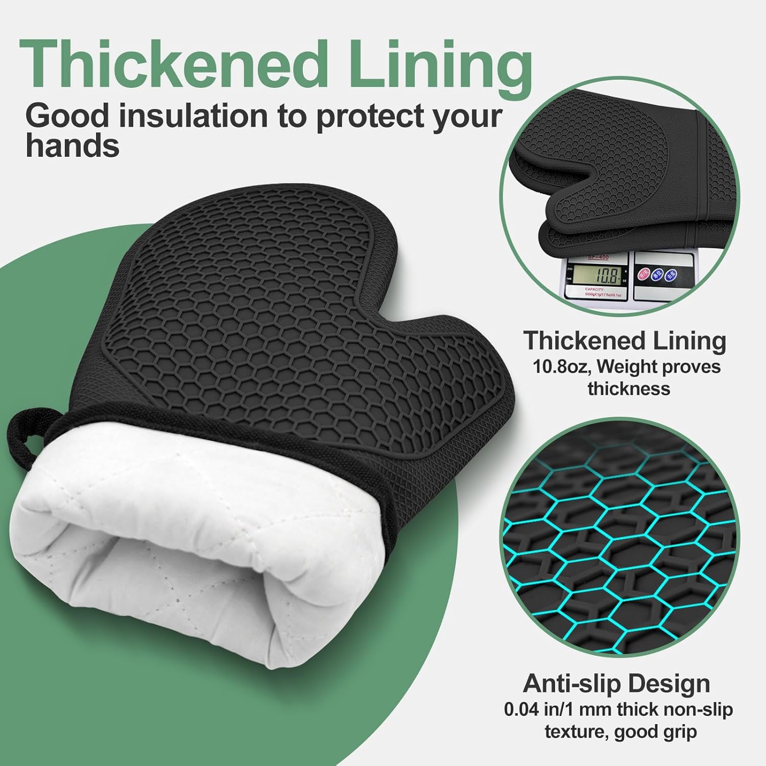 Thickened Silicone Oven Mitts Heat Resistant to 500ºF - [Ultra Heat Resistant] [Thickened Liner] [Waterproof Silicone] Kitchen Oven Gloves Mittens for Cooking, 1 Pair (Black)