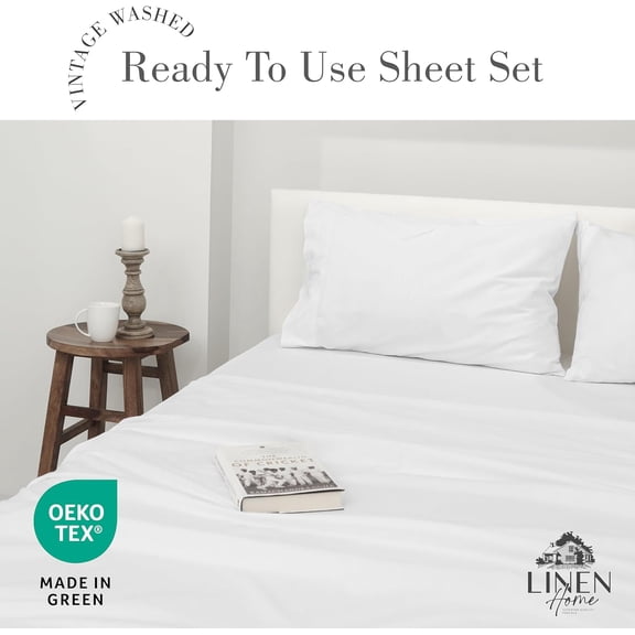 Washed Cotton Percale King Sheet Set, White, Preshrunk, 4 Pieces Sets - 1 Flat, 1 Deep Pocket Fitted Sheet & 2 Envelope Closure Pillowcases, Soft, Cool and Comfortable Bed Linen