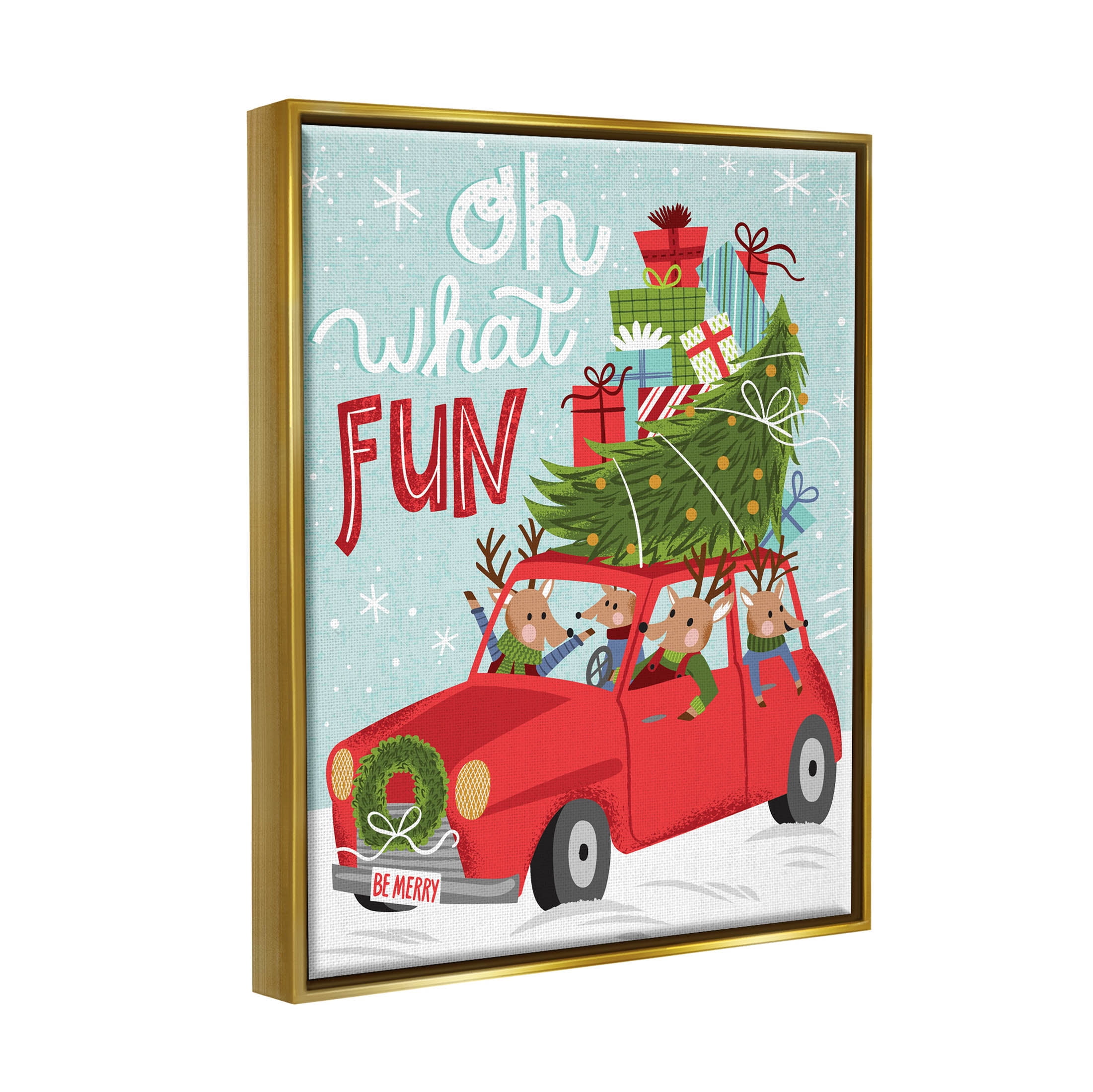 Stupell Industries Oh What Fun Holiday Car Graphic Art Metallic Gold Floating Framed Canvas Print Wall Art, Design by Arrolynn Weiderhold