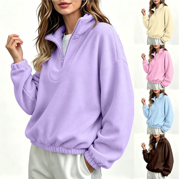 Diufon Fleece Quarter Zip Women Mock Neck Cuffed Long Sleeve Cozy Warm Pullover Fall Winter Thermal Sweatshirts